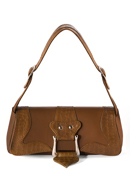 Caramel brown women's dress handbag, matching pumps and belts. Top view - Florence KOOIJMAN